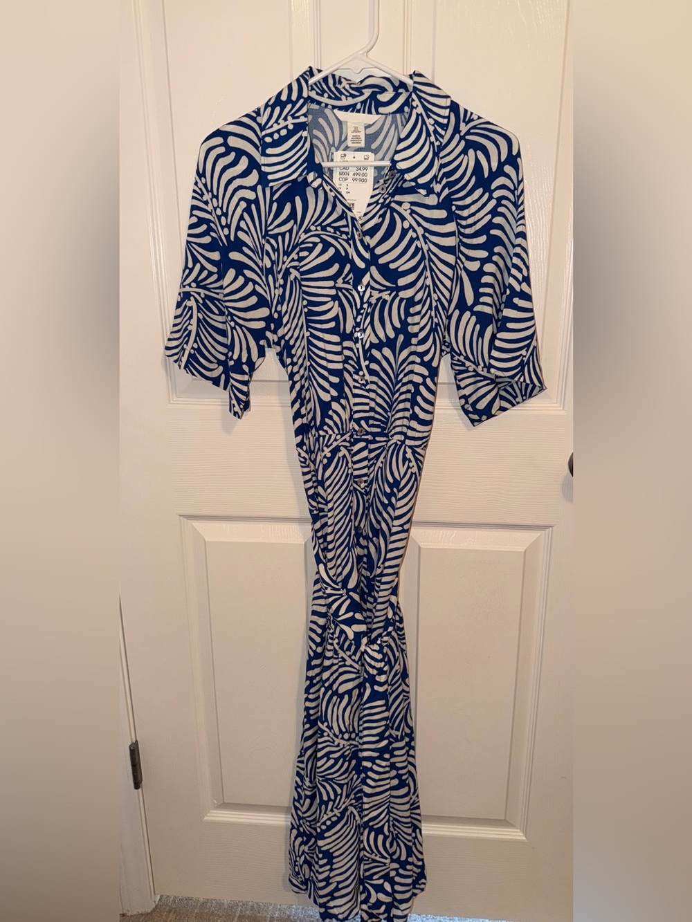 H&M Navy and White Leaf Print Button Down Maxi Dress w/ Matching Waist Tie